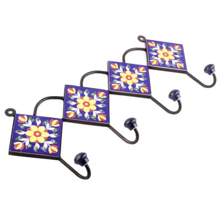 Navy Blue And Yellow Tiny Flower Ceramic Tiles Hooks
